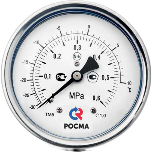 Манометр Росма ТМ-521ТЭ.GG (G-G.6MPa)/(-3G-+1GC) G1/2 1.G NH3 двойная шкала аммиачный, коррозионностойкий виброустойчивый (готовый к гидрозаполнению) 1GGмм, тип - ТМ-521ТЭ, эксцентрическое присоединение, G-G.6МПа, резьба G1/2, класс точности 1.G