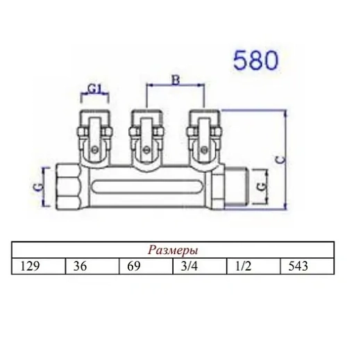Коллектор запорный проходной 3 отвода ¾"в/н x ½"к Valtec VTc.580.N.0503