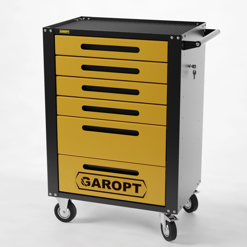 Тележка инструментальная Garopt 6 ящиков ЖЁЛТАЯ, центральный замок, увеличенные колеса, доводчики, GAROPT Серия "High", высота 1040мм