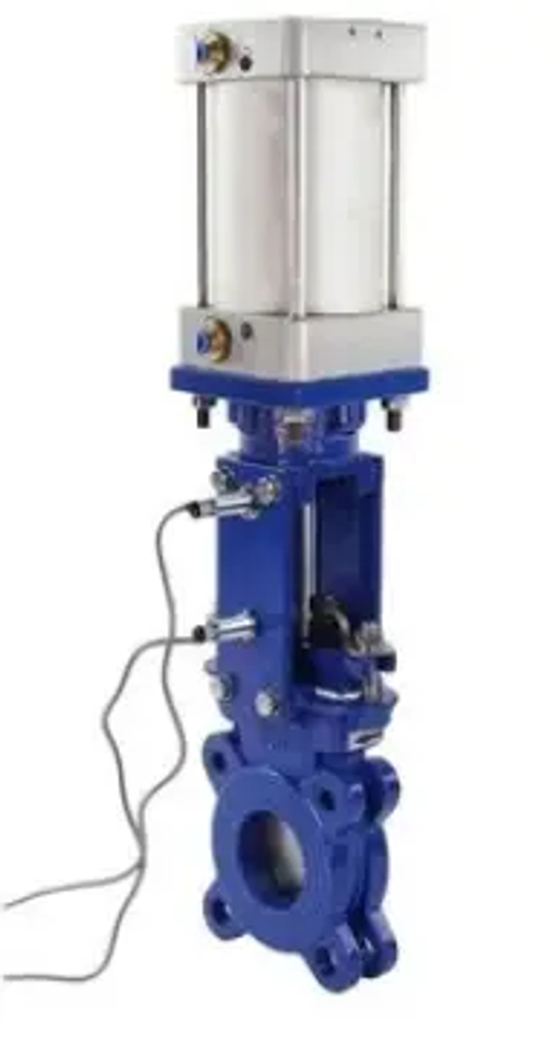 Задвижка шиберная ножевая DN.ru GVKR1331E-2W-Fb-2P Ду300 Ру6 двусторонняя, межфланцевая, клин - однодисковый, шпиндель - выдвижной, корпус - чугун, уплотнение - EPDM, с пневмоприводом, индукционными датчиками LJ12A3-4-J