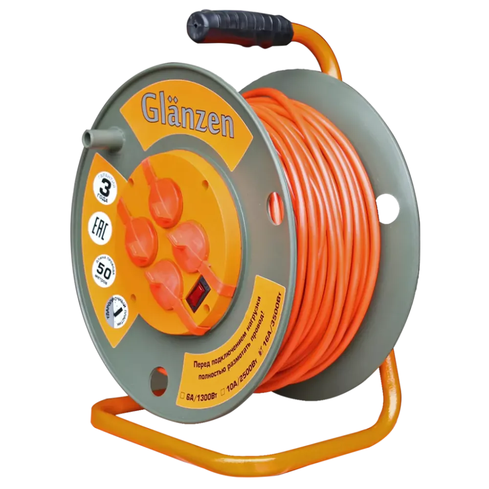 Удлинитель силовой на катушке GLANZEN 4 гн. ПВС 3х1,5 IP44 арт. EB-50-007