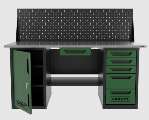 Верстак двухтумбовый дверь/5 ящиков с экраном и ящиком, зеленый 1800*700 Garopt, GT1800DY1Y5PP.green