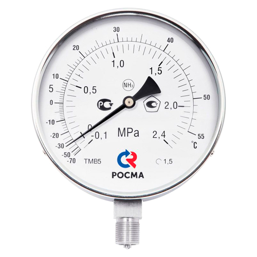 Мановакуумметр радиальный Росма ТМВ-511Р.GG NH3 (-G.1-1.5МПа)/(-7G-+4GC) G1/2 1.5 аммиачный 1GGмм, тип - ТМВ-511, радиальное присоединение, двойная шкала (-G.1-1.5МПа)/(-7G-+4GC), резьба G1/2, класс точности 1.5, цвет хром
