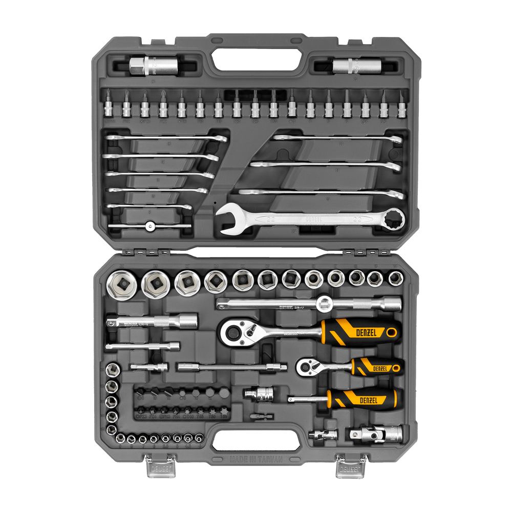 Набор инструментов, 1/2", 1/4", CrV, S2, пластиковый кейс, 82 предмета Denzel