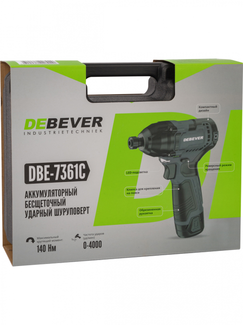 DBE-7361C Винтоверт аккумуляторный DeBever бесщеточный, ударный, шестигранник 1/4", 140Nm, 12В