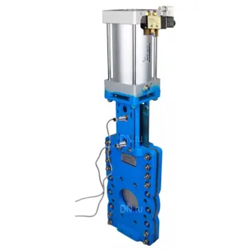 Задвижка шиберная со сквозным ножом DN.ru GVKRT3431N-2W-Fb-2P Ду250 Ру10 межфланцевая, корпус - углерод.сталь WCB, шибер - нерж.сталь 304, уплотнение - NBR, с пневмоприводом, пневмораспределителем Dn.ru 4V210-08 220В и индукцион.датчиками LJ12A3-4-J/EZ