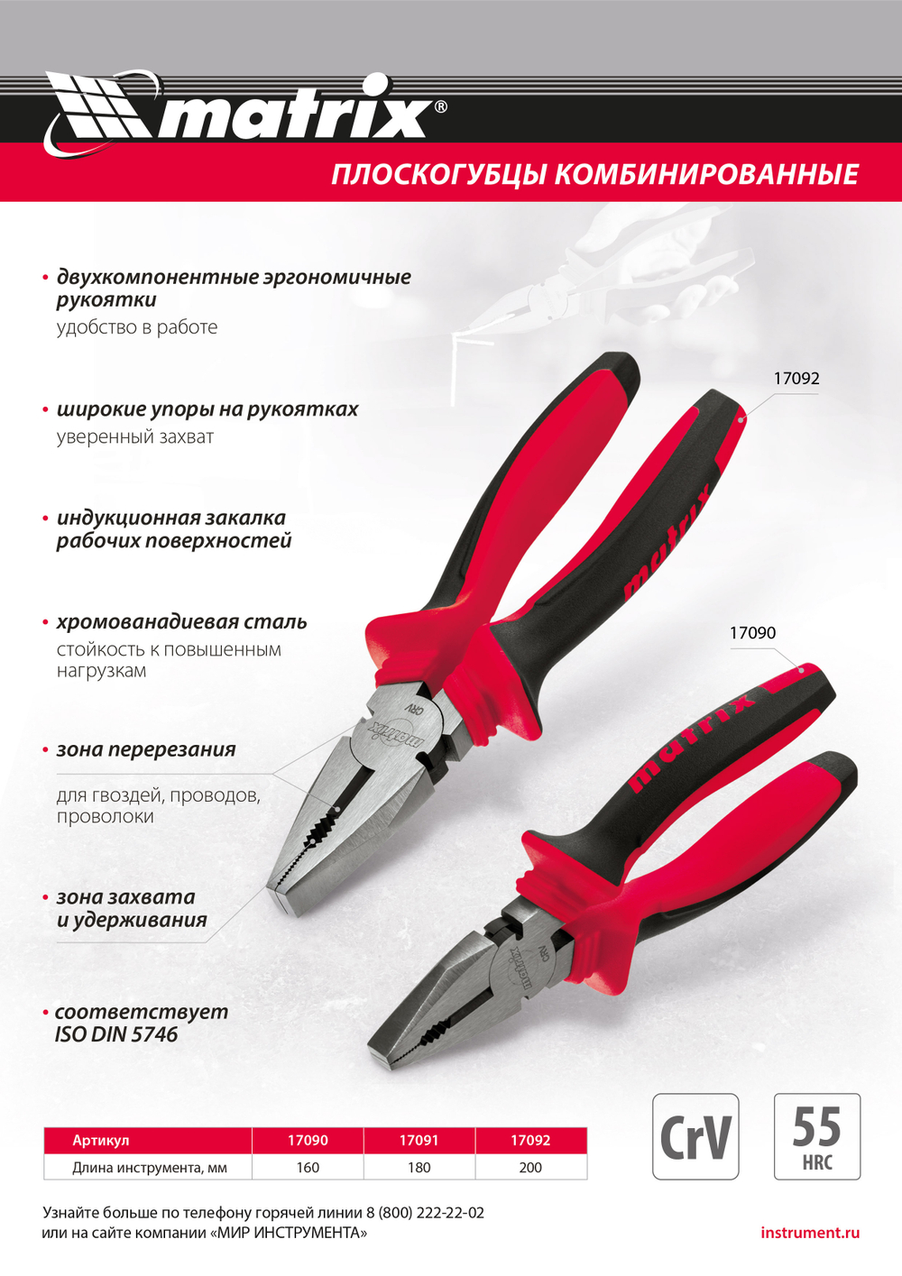 Плоскогубцы комбинированные, 180 мм, хром-ванадий, двухкомпонентные рукоятки Matrix