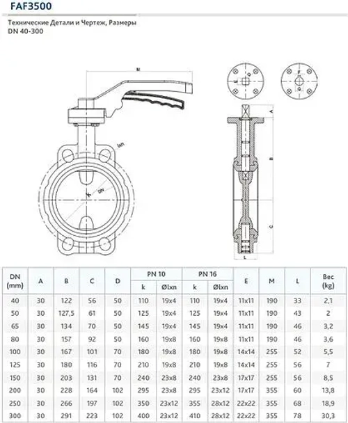 Затвор дисковый поворотный межфланцевый Ду40 Ру16 FAF Valve 3500040