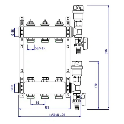 Группа коллекторная без расходомеров 7 отводов 1"в/в x ¾"ек Valtec VTc.588.EMNX.0607