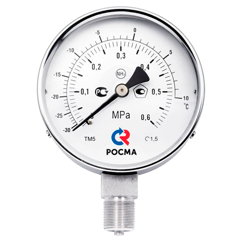 Манометр радиальный Росма ТМ-511Р.GG NH3 (G-1МПа)/(-3G-+25C) М2Gх1.5 1.5 аммиачный 1GGмм, тип - ТМ-511Р, радиальное присоединение, двойная шкала (G-1МПа)/(-3G-+25C), резьба М2Gх1.5, класс точности 1.5, цвет хром