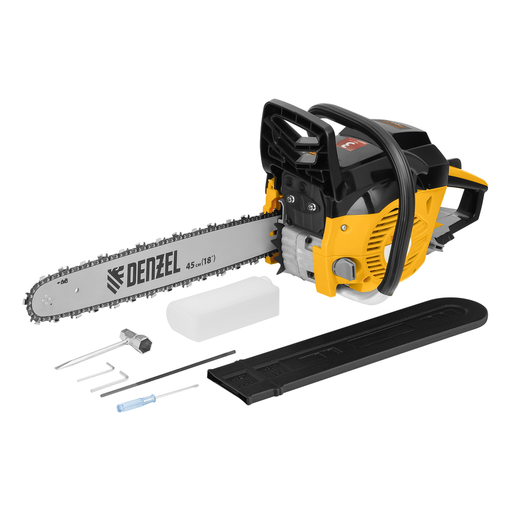 Пила цепная бензиновая DGS-5218, шина 45 см, 52 см3, 3.5 л.с, шаг 0.325, паз 1.5 мм, 72 звена Denzel