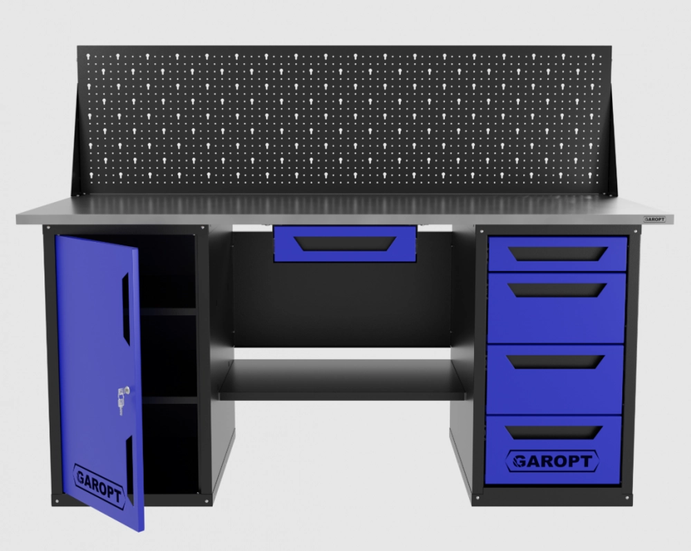 Верстак двухтумбовый дверь/4 ящиков с экраном и ящиком, синий 1800*700 Garopt, GT1800DY1Y4PP.blue
