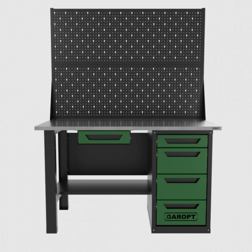 Верстак однотумбовый 4 ящика с двумя экранами и ящиком, зеленый 1400*700 Garopt, GT1400STY1Y4PP2.green