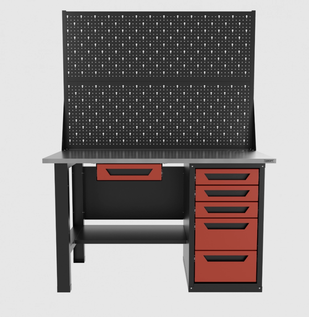 Верстак однотумбовый 5 ящиков с двумя экранами и ящиком, красный 1400*700 Garopt, GT1400STY1Y5PP2.red