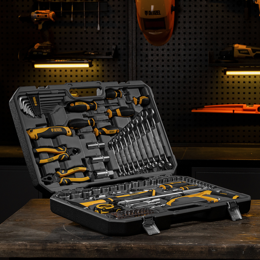 Набор инструментов, 1/2", 1/4", CrV, S2, пластиковый кейс, 100 предметов Denzel