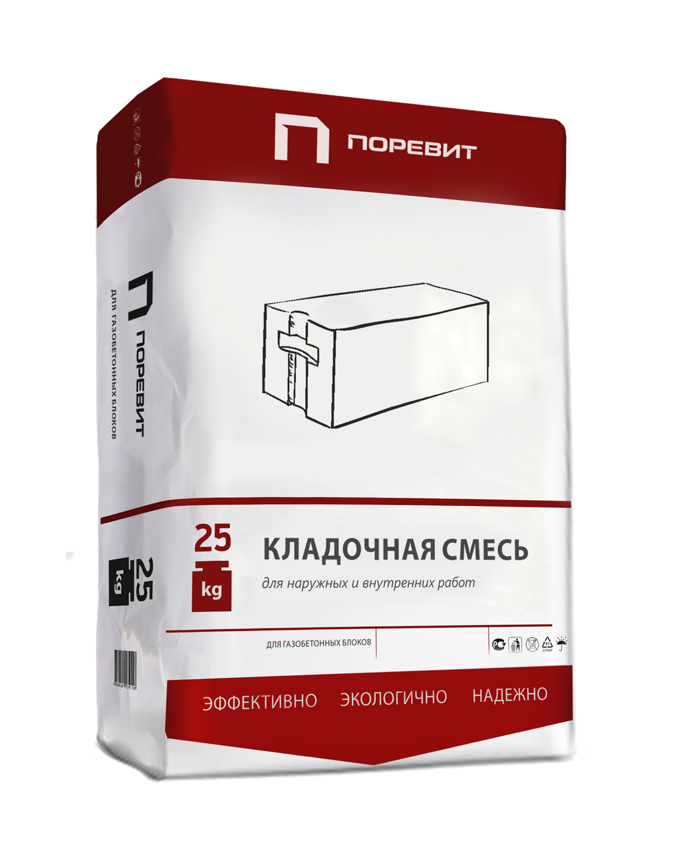 Клей для газобетонных и силикатных блоков М-100, белый, 25кг, летний "Поревит"