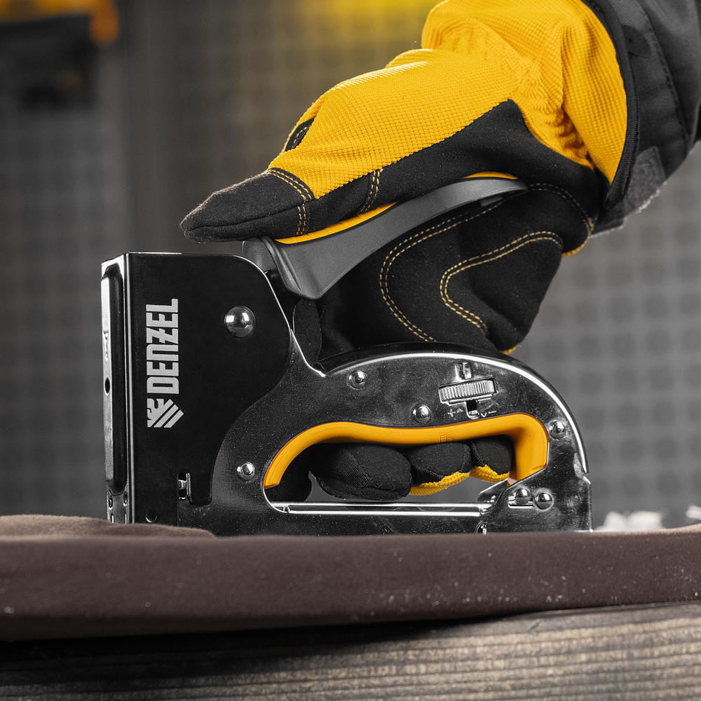 Степлер металл., скобы в комплекте, плавная регулировка удара, 2К рукоятка, тип 53, 4-14 мм Denzel