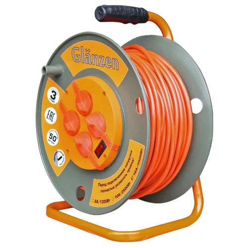 Удлинитель силовой на катушке GLANZEN 4 гн. ПВС 3х1,5 IP44 арт. EB-50-007