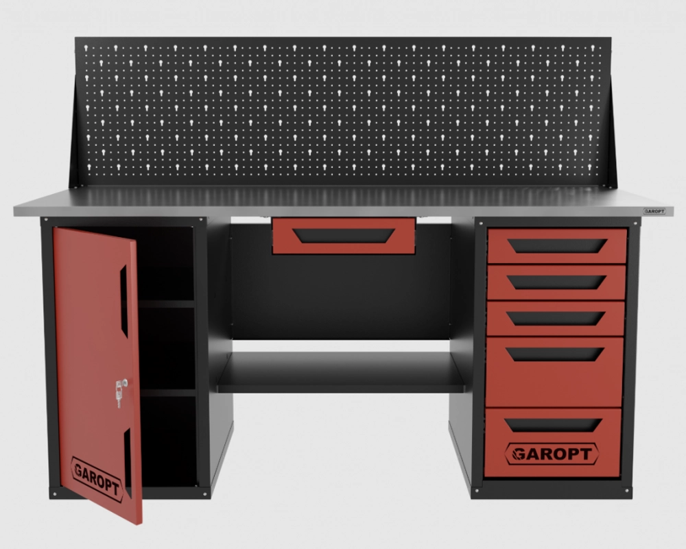 Верстак двухтумбовый дверь/5 ящиков с экраном и ящиком, красный 1800*700 Garopt, GT1800DY1Y5PP.red