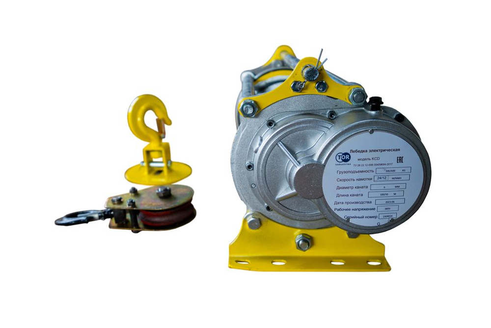 Лебедка электрическая 300/600кг 100/50м с канатом 380В 24м/мин алюминиевый корпус TOR KCD (TSA)