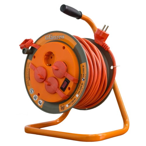 Удлинитель силовой на катушке GLANZEN 4 гн. ПВС 3х1,5 IP44 арт. EB-30-008