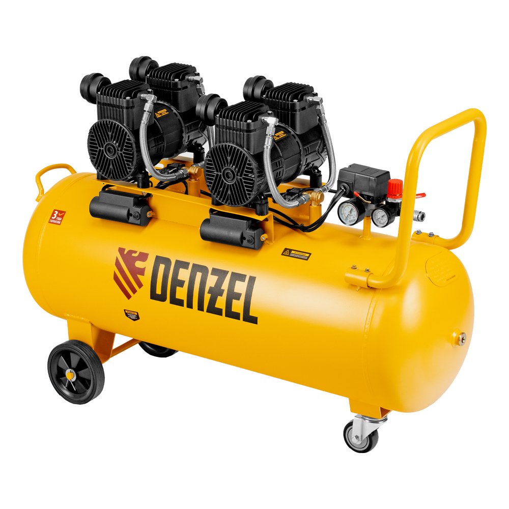 Компрессор безмасл. малошумный DLP-3000/100, 3 кВт, 2х1,5 кВт,100 л, 2850 об/мин,500 л/мин Denzel