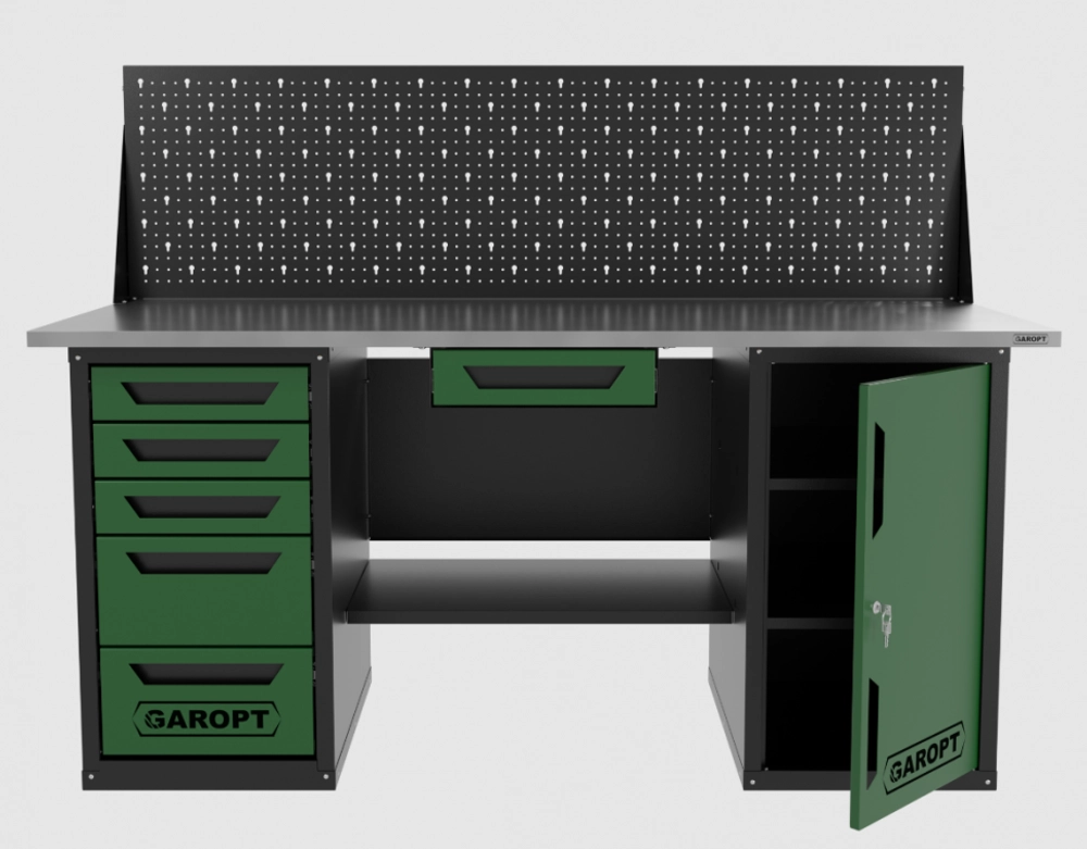 Верстак двухтумбовый дверь/5 ящиков с экраном и ящиком, зеленый 1800*700 Garopt, GT1800DY1Y5PP.green