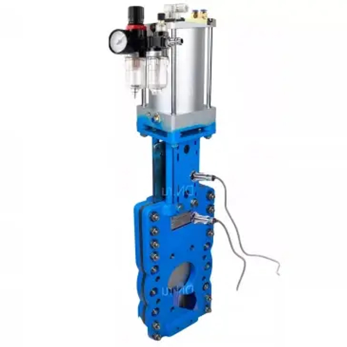 Задвижка шиберная со сквозным ножом DN.ru GVKRT3431N-2W-Fb-2P Ду100 Ру16 межфланцевая, корпус - углерод.сталь WCB, шибер - нерж.сталь 304, уплотнение - NBR, с пневмоприводом, пн/распределителем 4V210-08 220В, индукц.датчиками LJ12A3-4-J/EZ и БПВ AFC2000