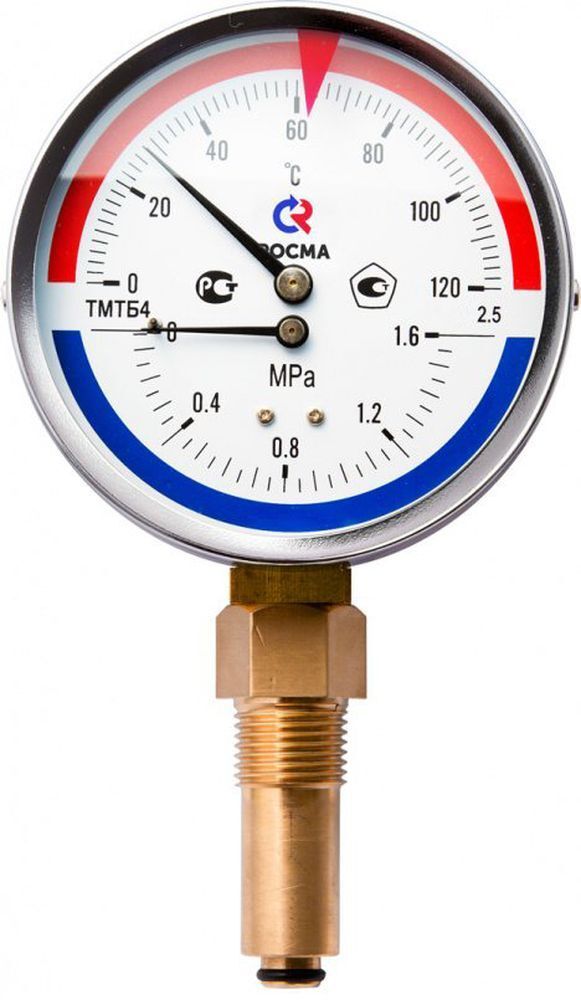 Термоманометр Росма ТМТБ-31Р.2 (G-15G°C) (G-1MПa) G1/2 2,5, корпус 8Gмм, тип - ТМТБ-31Р.2, длина клапана 64мм, до 15G°С, радиальное присоединение, G-1MПa, резьба G1/2, класс точности 2.5