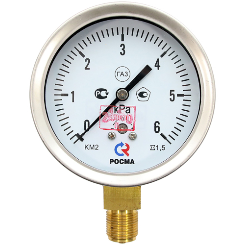 Манометр РОСМА КМ-22Р (G-6кПа) G1/2 1.5 общетехнические 1GGмм, тип - КМ-22Р КС, радиальное присоединение, G-6кПа, резьба G1/2, класс точности 1.5