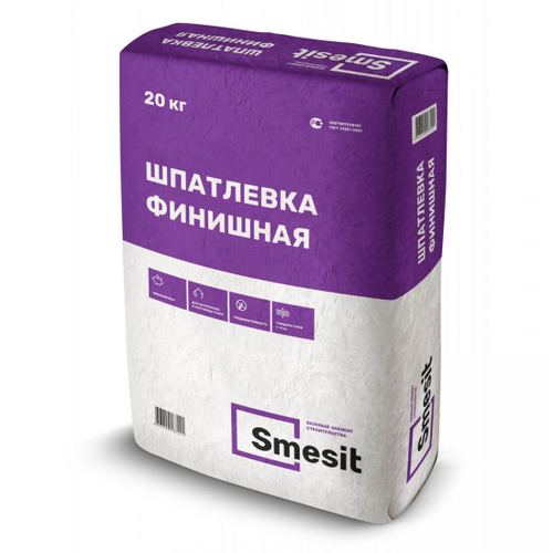 Шпаклевка цементная Smesit финишная белая, слой 0-3 мм, 20 кг, 56 шт/поддон